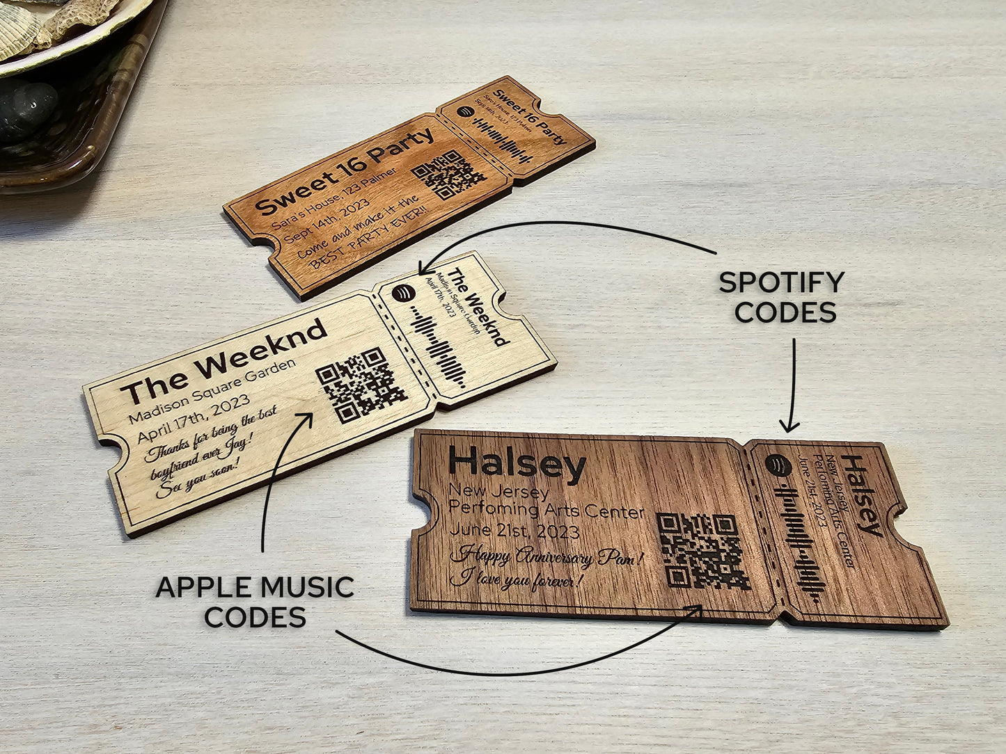 Wooden Event Concert Ticket - Custom Personalized Gift Reveal Ticket with Song Codes