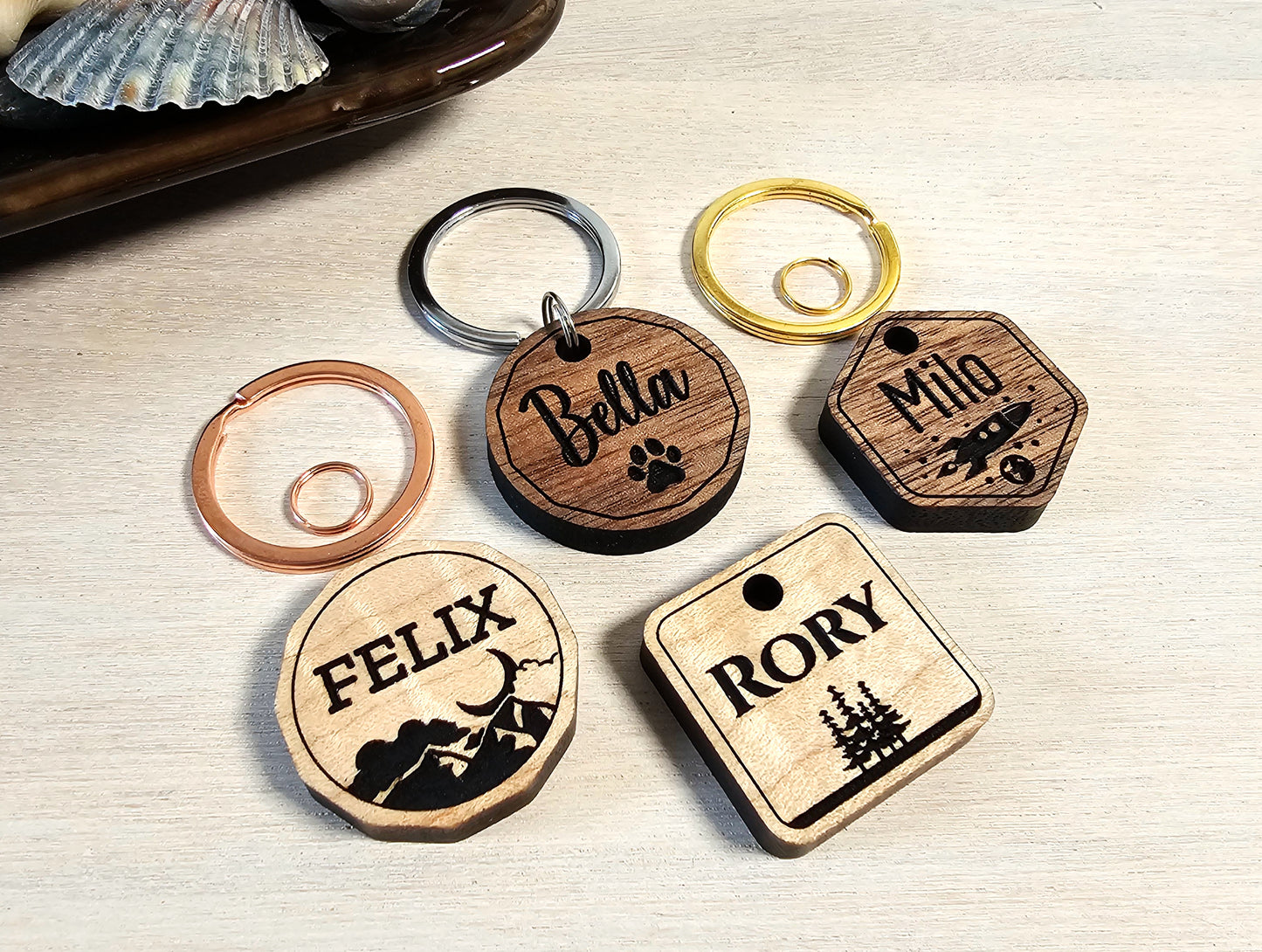 Custom Wood Pet ID Tag for Dog or Cat Collars