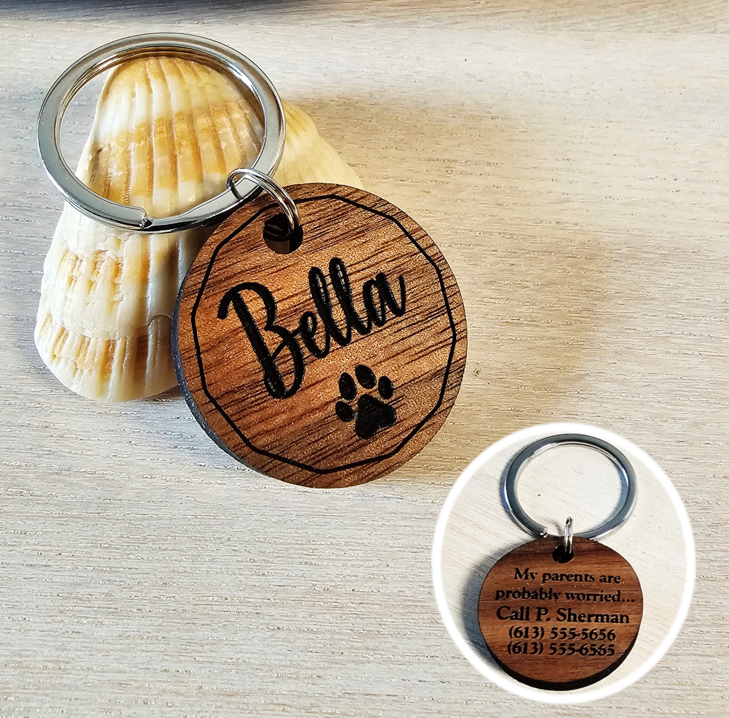 Custom Wood Pet ID Tag for Dog or Cat Collars