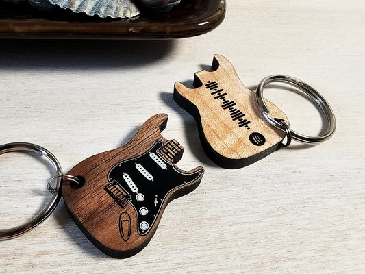 Solid Wood Guitar Keychain and Bag Charm with Spotify Code